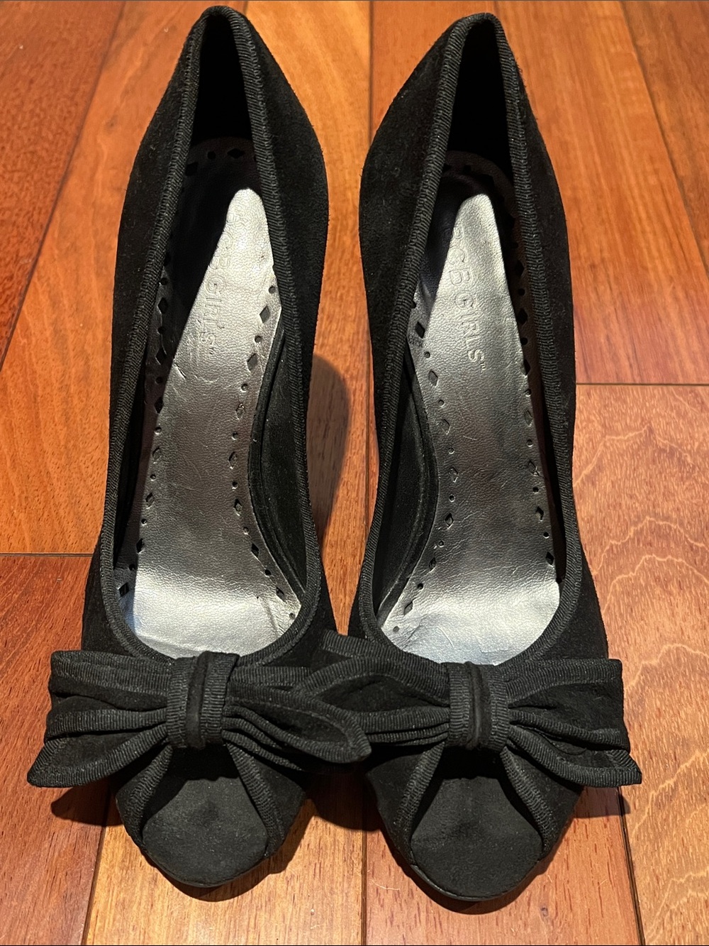 BCBG Girls Black Bow Peep-Toe Pumps - Women's Elegant Dress Heels